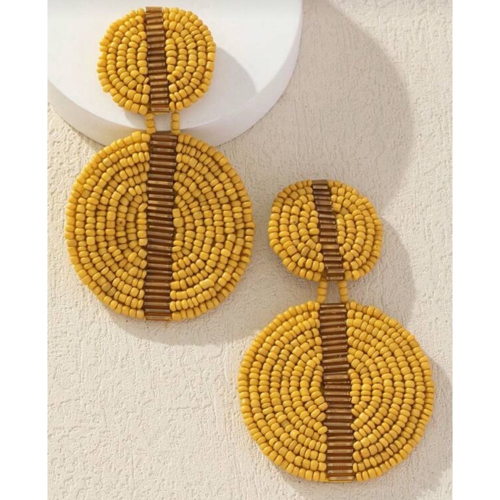 Yellow beaded double circle drop earrings